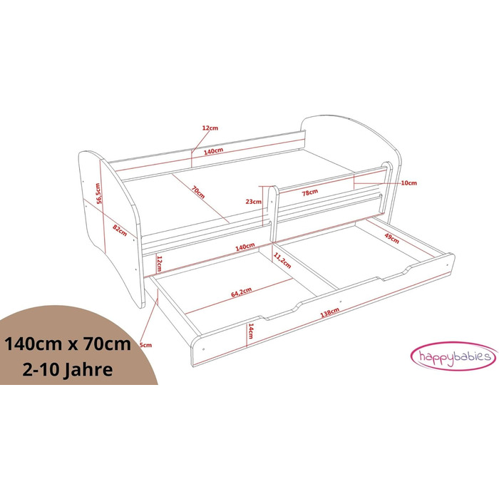 Дитяче ліжко Happy Babies із захистом від падіння з висоти Ліжко для дитячої кімнати 140x70 з матрацом Односпальне ліжко Дитяче Хлопчик Дівчатка Біле Дерево Коричневий Бук