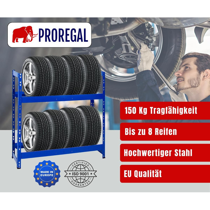 Стелаж для шин PROREGAL Tiger: 100x110x35 см, 150 кг навантаження, 8 шин, 2 рівні, блакитний