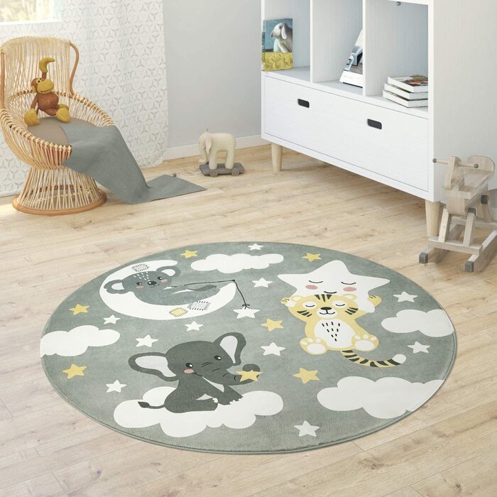 Пако домашній дитячий килимок, круглий килимок для дитячої кімнати, дитячий килимок, нековзна зірка, місяць, слон, Веселка, розмір колір (діаметр 150 см круглий, сірий)