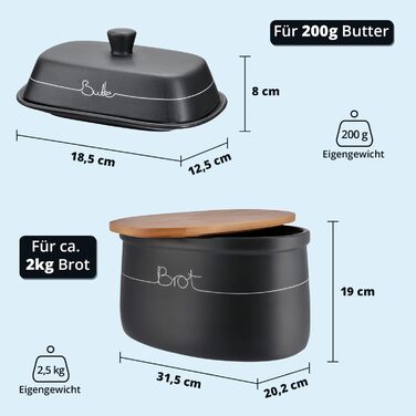 Набір контейнерів для картоплі, цибулі та часнику KHG, 3 шт., кераміка, бамбукові кришки, сірий антрацит, об'єм 3 л та 1,5 л (хлібниця та маслоблок)