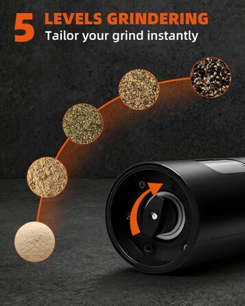 Електричний набір для солі та перцю з зарядною станцією, об'єм 110 мл, перезаряджувана млинка для солі з 5 рівнями, керамічна млинка з щіткою, 2 шт., чорний