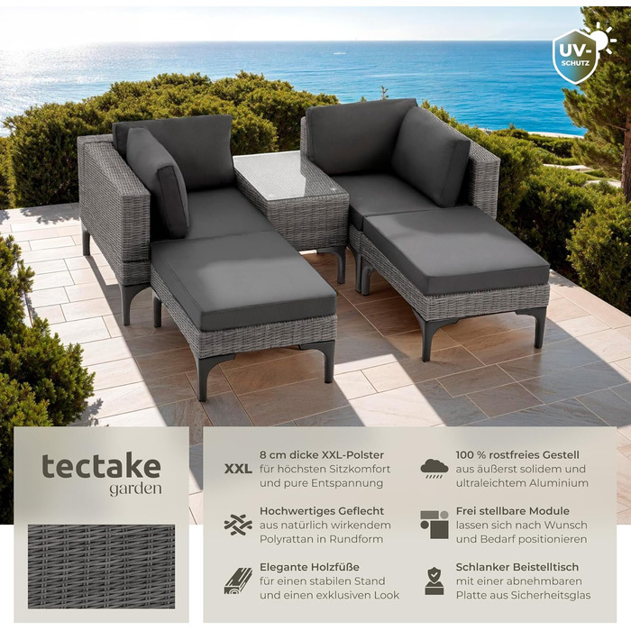 Тектейк® Садовий лаунж з ротангу, набір меблів для саду на 5 місць, модульний, з кутовим кріслом, пуфом, столиком, сірий, з подушками для сидіння та спинки