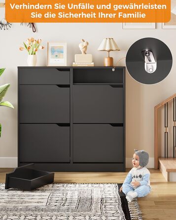 Шкаф для взуття IRONCK з 4 дверцятами, вузький, з 2 висувними ящиками, окремо стоячий, з регульованими перегородками, для передпокою, входу та вітальні (Білий) Білий (100x23.5x98см, Чорний)