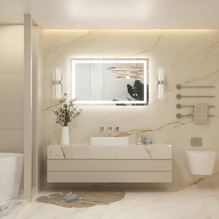 Дзеркало для ванної кімнати Keonjinn з підсвічуванням 50x70 см, без запотівання, LED, сенсорне керування, 3 кольори, регулювання яскравості, пам'ять, без рамки