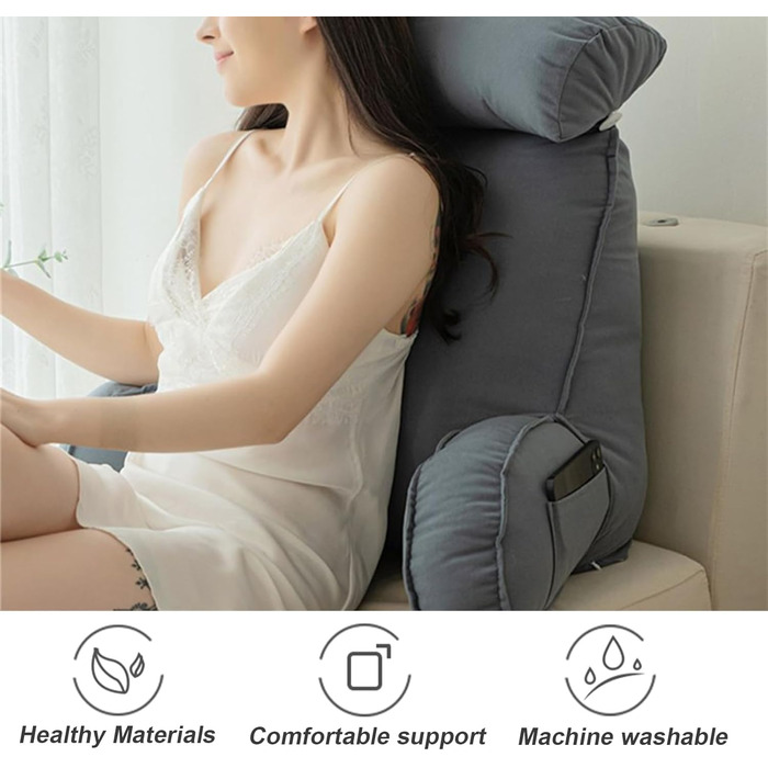 HAOYUES Лежанка для читання в ліжко та диван з підлокітниками та знімною подушкою для шиї. Подушка для читання, підтримка спини, ідеально для читання, роботи та ігор. Розмір: 75×40×55 см