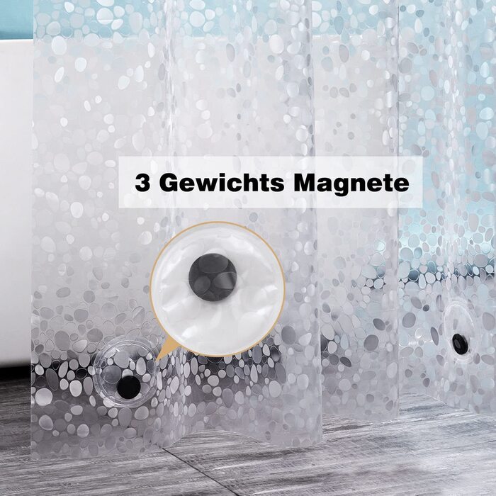 Шторка для душу EurCross проти цвілі 200x200, водонепроникна, миється, з 3 магнітами, прозора, з 3D малюнком гальки, 14 кілець, 200x200 см