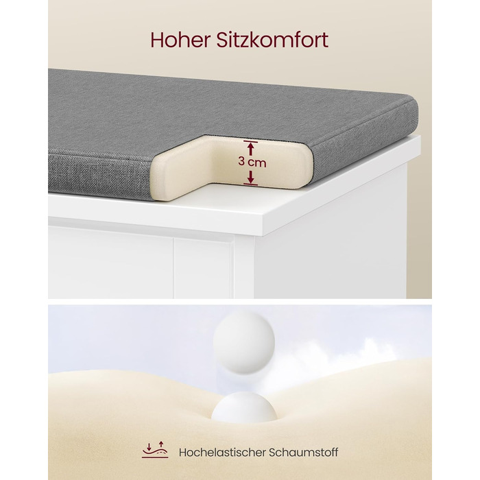 VASAGLE Комод для взуття з сидінням, банкетка для взуття з 3 ярусами, контейнер для взуття на 6 пар, відкидна полиця з регульованою перегородкою, 30 x 60 x 53,5 см, для передпокою, спальні, білий-сірий, LSB121WB01