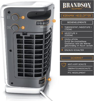 Тепловентилятор енергозберігаючий, тихий - 3 рівня потужності - Тепловентилятор для ванної кімнати з термостатом - Індикатор потужності - 2000 Вт - Низький рівень шуму, енергоефективність - Захист від перегріву, автоматичне відключення (B Тип 2)