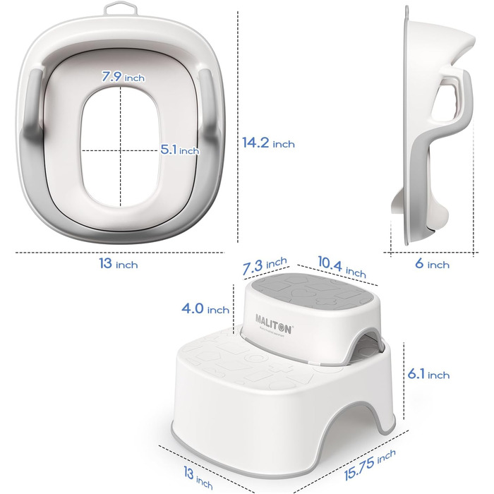Дитяче сидіння на унітаз Maliton з двоступеневою підніжкою для дітей 1-8 років, біло-сіре або біле