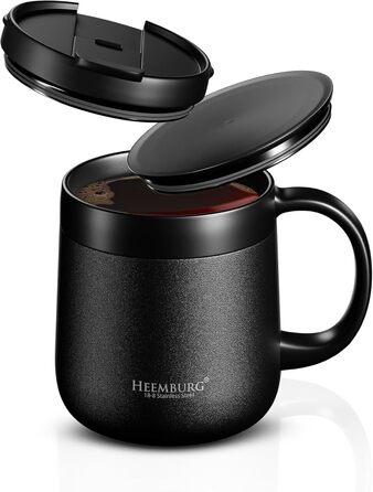 Термокружка з ручкою, подвійні стінки, вакуумна ізоляція, нержавіюча сталь 18/8, 2 кришки, неслизьке дно, 440мл (330мл), для офісу та робочого місця