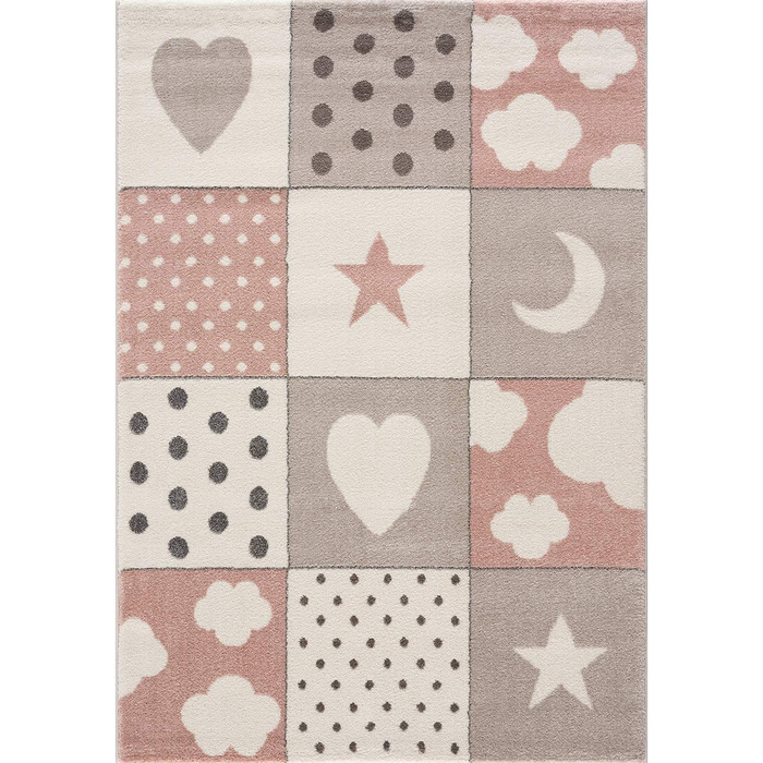 Дитячий килимок Печворк Heart Stars Cloud, Без забруднювачів, Рожевий, 80x150 см, для дівчаток і хлопчиків