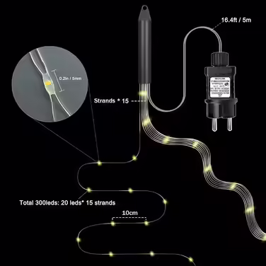 Світлодіодна водоспадна гірлянда Gresonic 300 LED, тепле біле світло, водонепроникна, для вулиці та дому, для лійки, дитячої кімнати, кемпінгу, балкона, декор для інтер'єру та екстер'єру