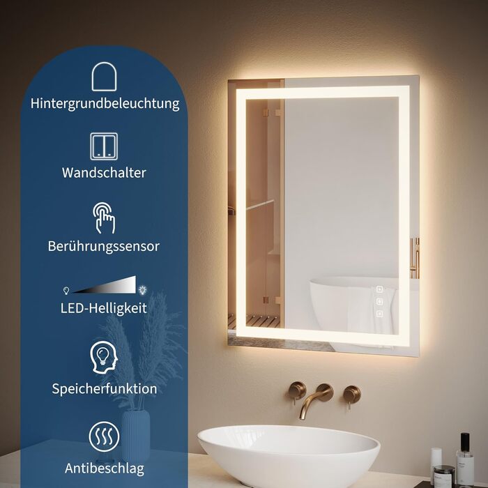 Дзеркало для ванної кімнати Porto Alegre з підсвічуванням, 60x80 см, протизапітніння, 3 кольори світла, регулювання яскравості, LED, сенсорне керування, прямокутне