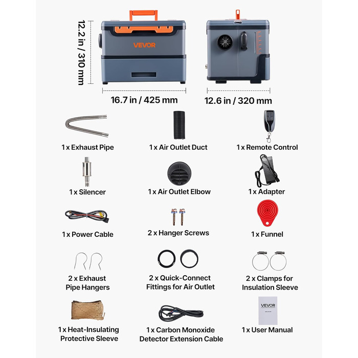 Дизельний опалювач VEVOR 8 кВт, 12/24V, портативний, з Bluetooth, пультом ДУ та LCD, 5л бак, для вантажівок та автодому