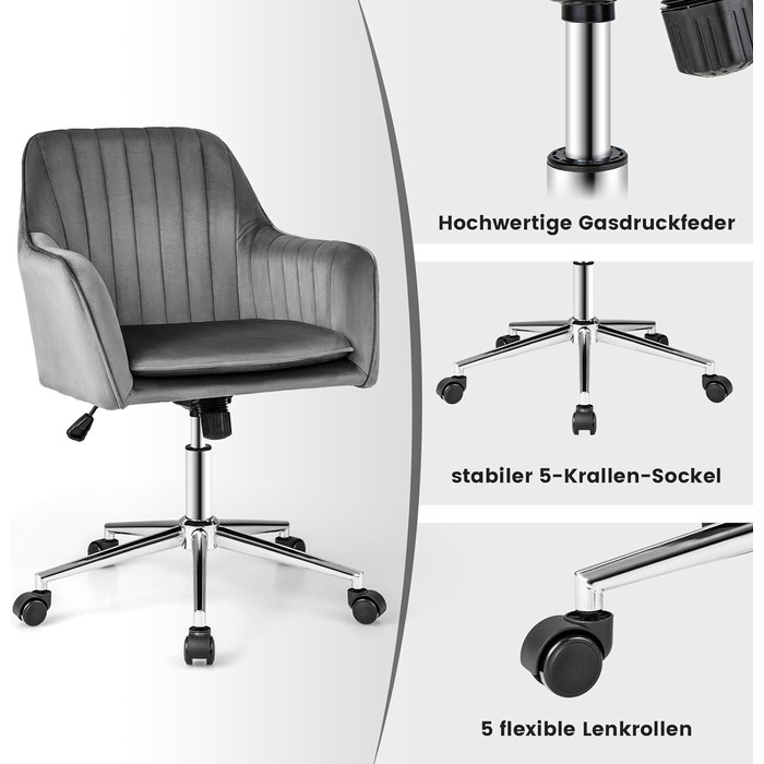 Обертовий стілець COSTWAY з оксамиту, регульований по висоті, з підлокітниками і спинкою, на коліщатках (сірий A)
