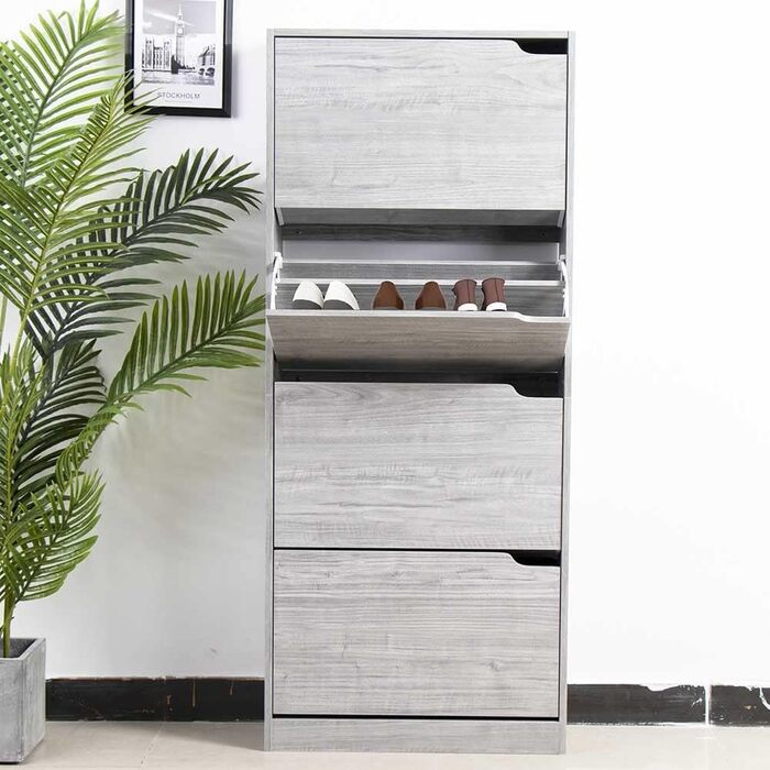 Стеллаж для взуття BAKAJI з МДФ, 4 дверцята, компактний, 63x24x150 см, зелений та дуб