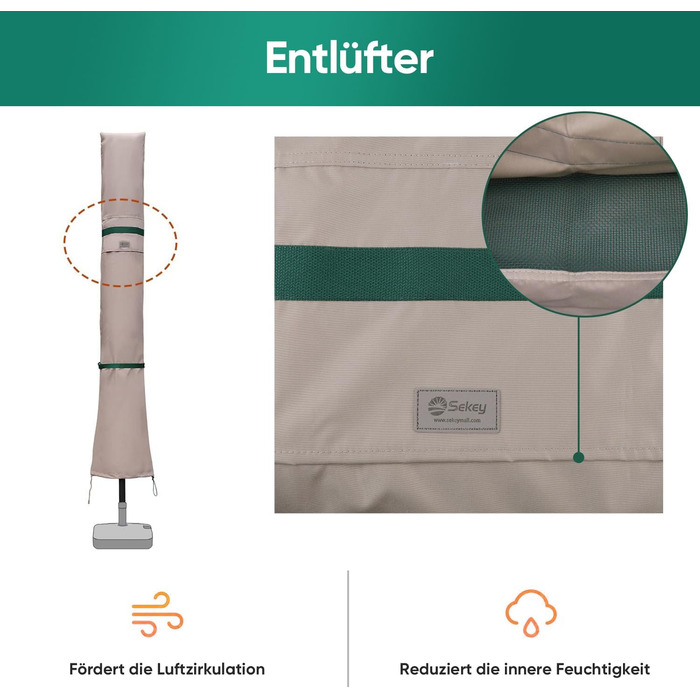 Чохол для садового парасоля Sekey: захисна накидка з вентиляційними отворами, 100% поліестер, водонепроникний, 220 x 30/50 см, хакі