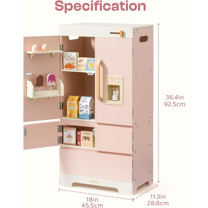 Дерев'яна іграшкова кухня ROBUD для дітей з реалістичним аксесуаром, набір іграшкової кухні з багатьма функціями, сучасний дизайн, подарунок від 3 років (холодильник)