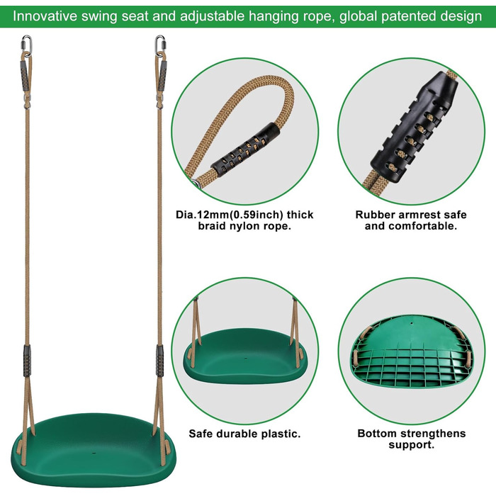 Шоукель для дітей BeneLabel: ідеально для дому та саду. Міцний гумовий сидіння, регульоване мотузка 130-200см, 113кг. Набір 2 шт. Зелений колір.