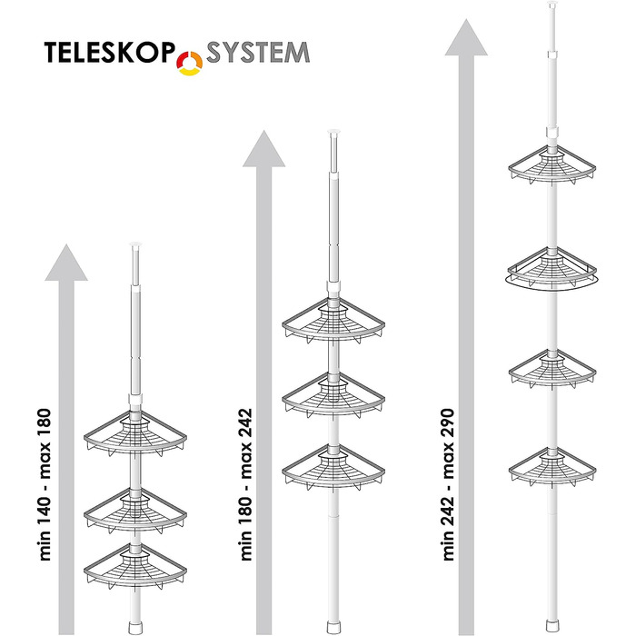 Кутова полиця для телескопа bremermann, 4 кошики, телескопічний стрижень довжиною не більше 290 см (металевий)