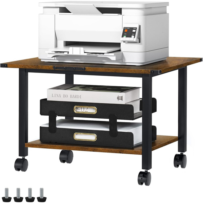 Стіл для принтера LELELINKY з роликами, мобільний двоярусний стійка для принтера, підставка для принтера з фіксуючими колесами, візок для принтера для офісу, факсу та дому, 52,5 x 40 x 36 см, Колір: Коричневий