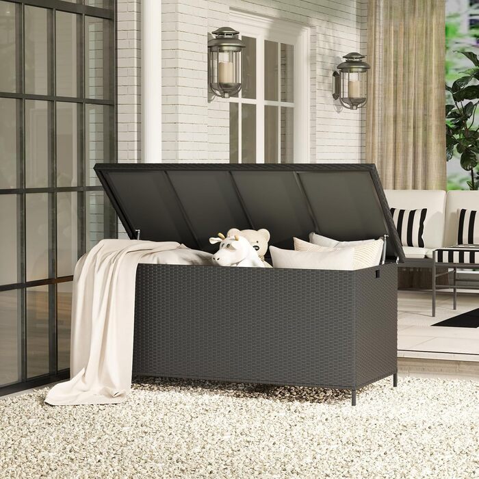 Водонепроникний садовий ящик Amopatio Gartenbox 480л з поліротангу, металевий ящик для подушок на колесах з газліфтом, чорний