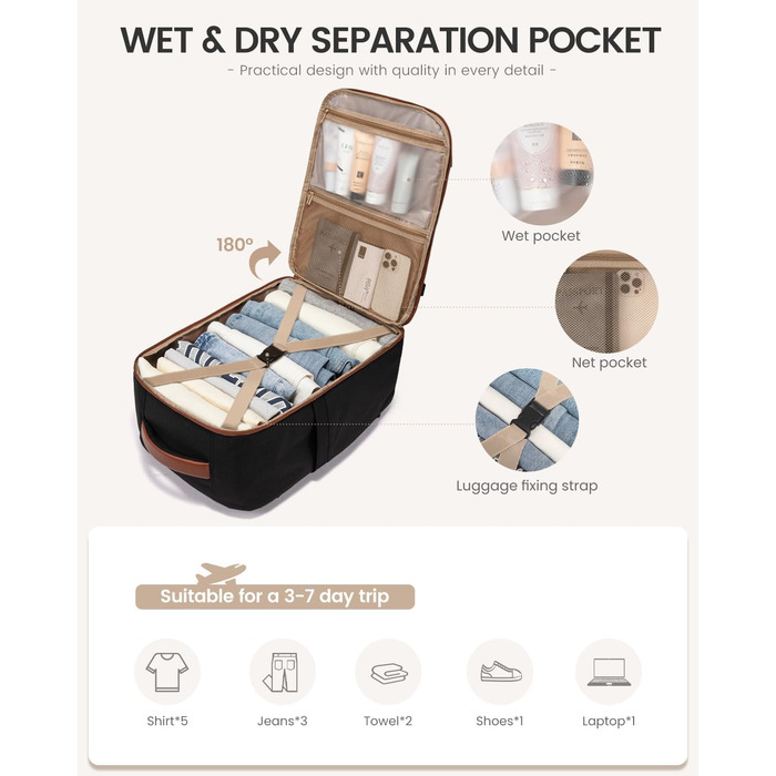 LOVEVOOK Рюкзак для ручної поклажі, 40L, для подорожей, з відділенням для ноутбука, водонепроникний, чорно-бежево-коричневий