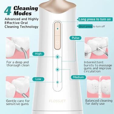 Бездротова портативна електрична ірригатор для рота FlossJet з 4 режимами, 5 насадками, об'ємом 300 мл та USB-C зарядкою. Ідеальна зубна гігієна та догляд за яснами. (Білий/Опудалий сад)