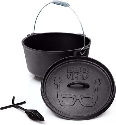 Голландська піч BBQ-Nerd 'Starter' 3.1L з ніжками - готова до використання, попередньо оброблена - чавунний котелок, жаровня з кришкою та підйомником кришки - вогнестійкий котелок для гриля та кемпінгу, котелок для гриля 'Starter' з ніжками 3.1 літр