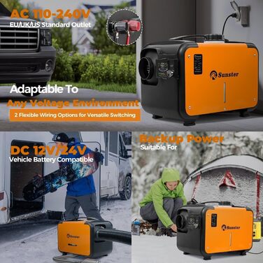 Дизельний опалювач 8kW з Bluetooth, 12V/24V/230V для вантажівки, автодому, транспорту. Автоматичний старт-стоп, 2025 (Помаранчевий)