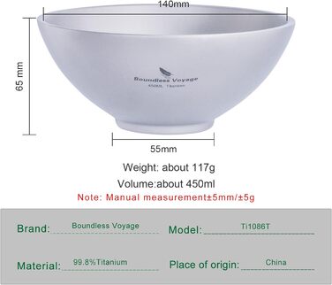 Безмежна миска Voyage Titanium з подвійними стінками для дорослих дітей Посуд для кемпінгу на відкритому повітрі Відкрита миска Титанова миска для рису (450 мл-TI15148B.)