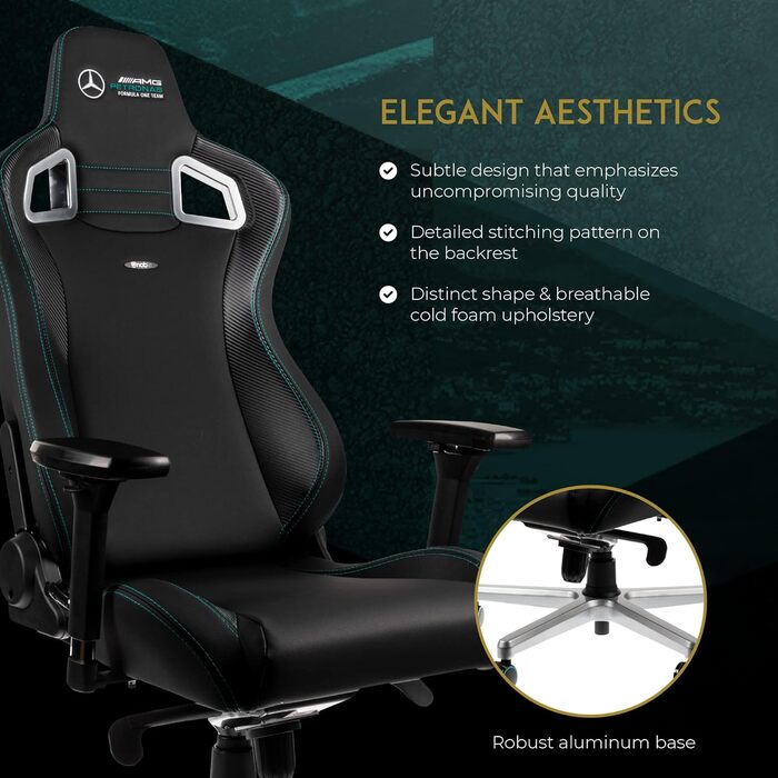 Ігровий крісло Noblechairs Epic - Mercedes-AMG Petronas F1 Team Edition, преміум-модель з підголівником та поперековою підтримкою, чорний, для геймерів