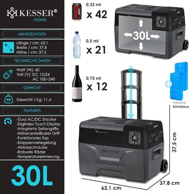 Електрична термохолодильник KESSER® Kompressor на 30 літрів (-20°C) з APP-керуванням, USB, 12/24/230V, телескопічною штангою, акумуляторами, колесами для авто, вантажівки, човна