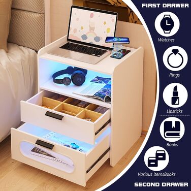 LED тумба Gurexl, комплект 2 шт., з USB Type-C зарядкою, 24-рівневе димування, сенсор, 2 шухляди, глянцева, для спальні, біла
