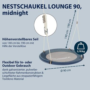 Шоукель HUDORA Nestschaukel Lounge - регульована висота, діаметр 90/110 см, до 150 кг, закрита сидіння, сімейна, для дому та саду (Midnight, 90 см, Single)