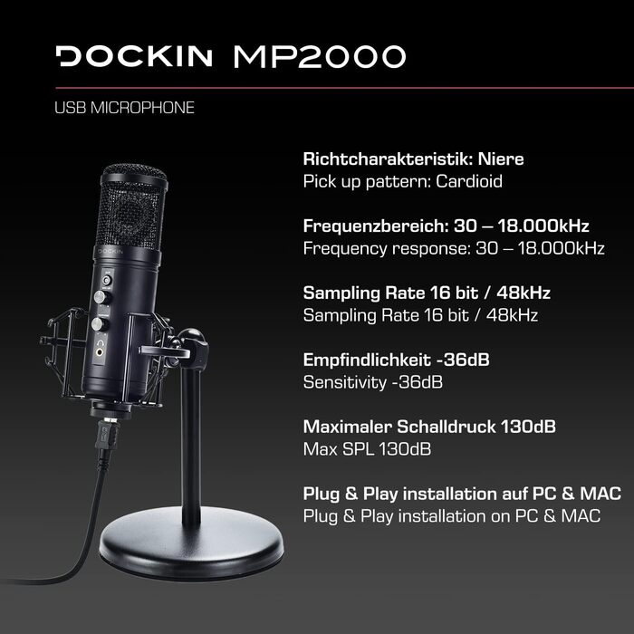 DOCKIN® MP2000: USB мікрофон для ПК, геймінгу, подкастів та стрімінгу. Якісний мікрофон з важким штативом для запису звуку. (130dB)