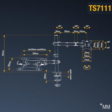 Кріплення для монітора RICOO TS2711: тримач для екрану 13-30 дюймів, VESA 75/100, для комп'ютерного столу