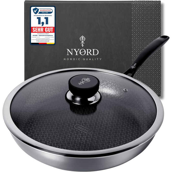 Німецька сковорода NYORD з нержавіючої сталі - антипригарна, з керамічним покриттям, для індукції, газу та кераміки, з кришкою, 24 см