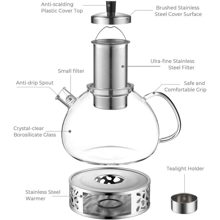 Оригінальний 1500 мл Срібний чайник з боросилікатного скла чайник зі знімним фільтром з нержавіючої сталі 18/8, термостійкий для чорного чаю, зеленого чаю, фруктового чаю, ароматний чай в пакетиках (2000 мл, чайник з чайником, Срібний фільтр Type2)