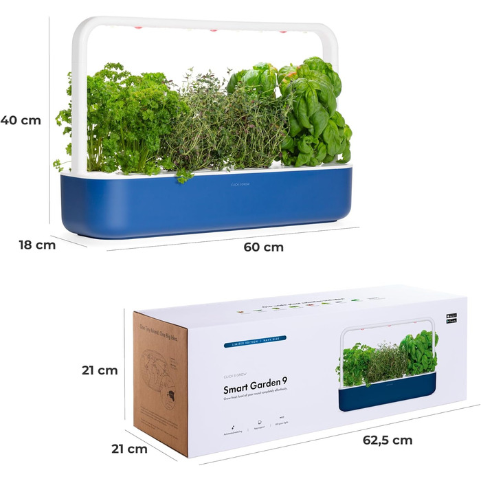 Click and Grow Indoor Garten: Розумний сад для вирощування зелені вдома з LED, 9 капсул (Синій)