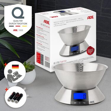 Цифрові кухонні ваги ADE з чашею KE1702 Hanna. Електронні чаші з чашею з нержавіючої сталі (можна мити в посудомийній машині) для точного зважування до 5 кг. Колір сріблястий