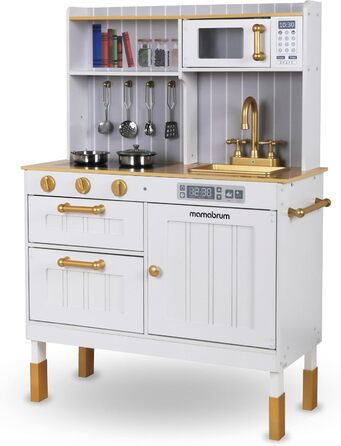 Дерев'яна дитяча кухня Mamabrum з LED-підсвічуванням - іграшковий кухонний набір з висотою, що регулюється, з приготуванням кубиків льоду, мікрохвильовою піччю, плитою та посудомийною машиною - іграшка для дітей від 3 років (Білий)