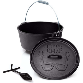 Голландська піч BBQ-Nerd 'Starter' 3.1L з ніжками - готова до використання, попередньо оброблена - чавунний котелок, жаровня з кришкою та підйомником кришки - вогнестійкий котелок для гриля та кемпінгу, котелок для гриля 'Starter' з ніжками 3.1 літр