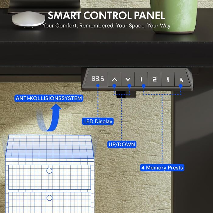 Електричний регульований стіл FlexiSpot з пам'яттю висоти та LED-дисплеєм, чорний (EN1)