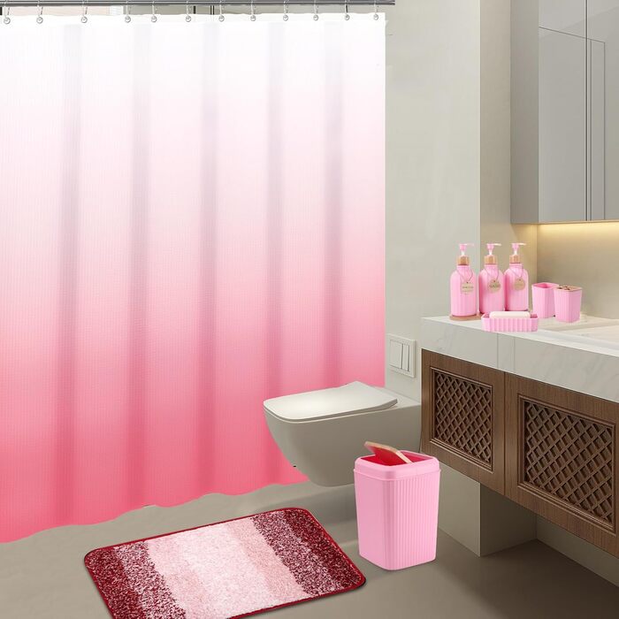 Набір для ванної кімнати 17 предметів: аксесуари для ванної, сміттєвий бак, дозатори мила, тримач для зубних щіток, дерев'яні гачки (рожевий). Підходить для ванної та кухні