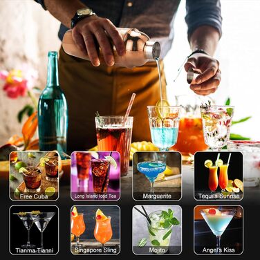 Набір шейкерів для коктейлів KINGROW Mixology - Набір бармена з 29 предметів з акриловою поворотною підставкою (срібло/золота троянда)