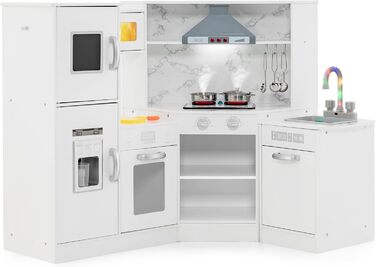 Дерев'яна дитяча кухня DREAMADE з аксесуарами, кухонний куточок з плитою, духовкою, мийкою та дошками для письма, ігровий набір з підсвіткою та звуком для дівчаток від 3 років (білий)