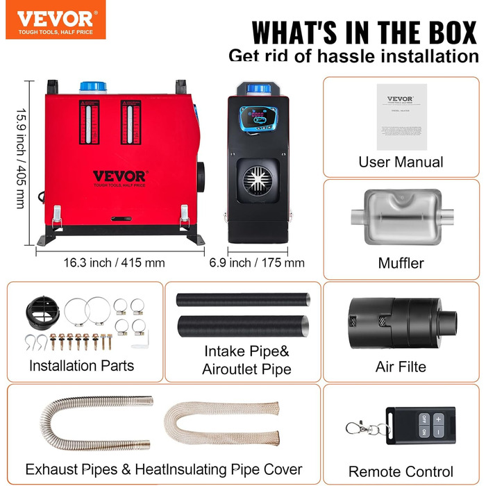 Електрична дизельна пічка опалення VEVOR 12V, 8kW, для авто, RV, човнів, вантажівок, будинків на колесах, автобусів, з вихлопним патрубком (1 вихід)