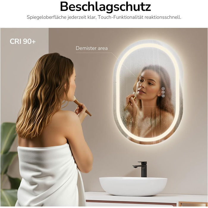 Дзеркало для ванної кімнати EMKE з підсвічуванням 50x90 см овальне, сенсорне керування, 3 кольори світла, регулювання яскравості, антизапарник, функція пам'яті, автовимкнення через 3 години