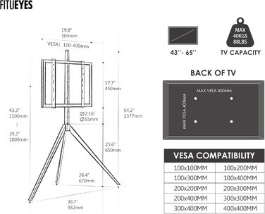 Підставка під телевізор FITUEYES з мольбертовим дизайном, регулюється по висоті для телевізорів 43-65 дюймів до 40 кг
